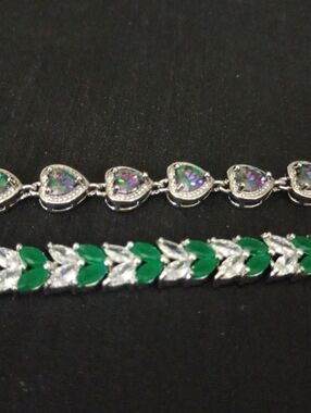 Vintage Green and Iridescent Silver-Tone Bracelet Pair